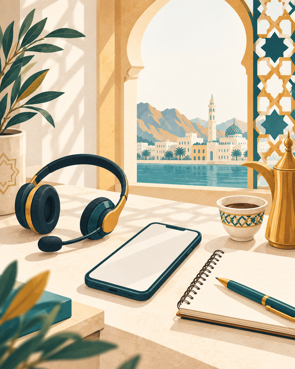 Friendi top up help desk in Muscat with a phone and teal geometric decor